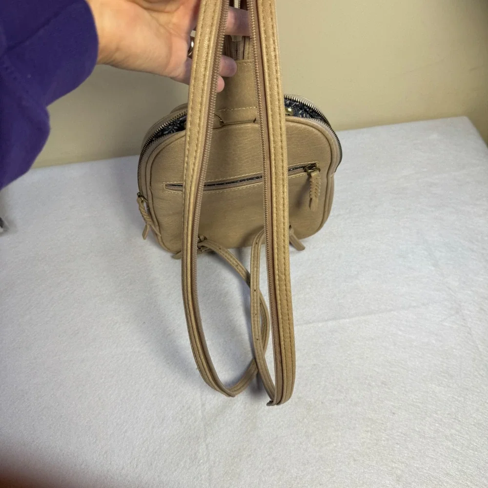 Antik Kraft Tan Vegan Leather Backpack Gold Ring‎ Accent Braided Zipper Pulls